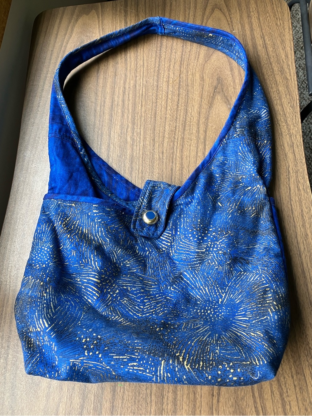 Hobo bag Hand made Slouch purse fabric blue and gold boho hippie